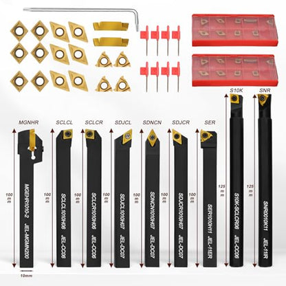 Indexable Lathe Turning Tool 27Pcs Kit 3/8'' 10mm Shank, 9Pcs Metal Lathe Tools Holder Set with 18Pcs Inserts, for Turning Grooving Threading Boring, Lathe Tooling with Reverse Tool Design - style: 9pcs 3/8'' 10mm Shanks+18pcs Inserts