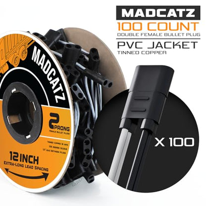 MADCATZ 100 Pack 2-Prong Double Female Bullet Plug 12” Spacing Harness Roll – 18 AWG with More Spacing with 12-Inch Leads Between Plugs, Fits Truck Trailer Clearance Lights - color: 100 - 2Prong (12" spacing), size: 2Prong - XL