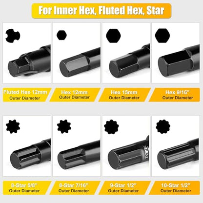 Topec 16-Piece Locking Lug Nut Master Key Set | 5, 6, 7, 12 Spline Socket Set, Star and Internal Hex Style Lug Nut Key Set, CR-MO Steel (Not for Hex, Deep, Large-Size, and 10-Spline)
