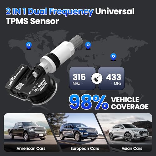 OBDResource TPMS 센서 듀얼 주파수 범용 TPMS 센서 교체품, 98% 차량용, OBDResource TPS30 TPMS 프로그래밍 도구 타이어 압력 센서 지원 4팩