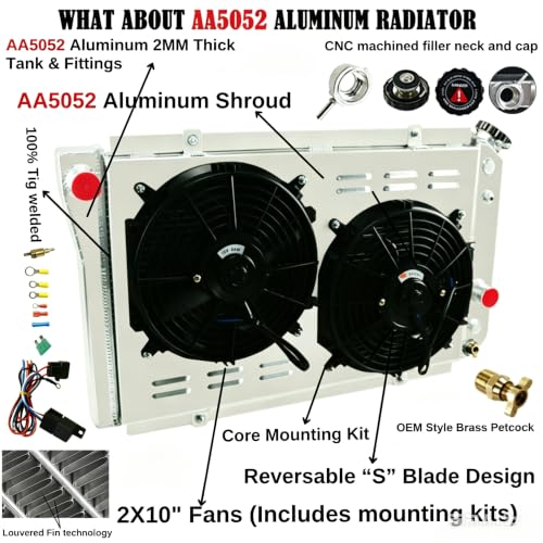 3 Row Aluminum Radiator & Fan Shroud Kit Fit for 1982-2002 Chevrolet S10/S-10 Blazer V8 Conversion for 1984-1990 Chevrolet Corvette 5.7 V8