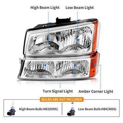 DWVO Headlights Assembly Compatible with 2003-2006 Chevy Silverado Chrome - color: A Chrome Housing Amber Reflector