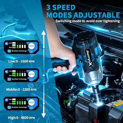 AwxryoX 2000Nm Cordless Impact Gun, 1/2" Impact Wrench 2 x 6.0Ah Battery
