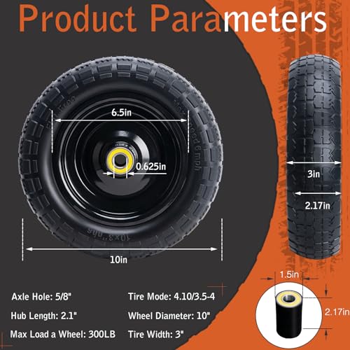 10 Inch Solid Rubber Tires(2-Pack), 4.10/3.50-4 Tire and Wheel Flat Free, with 5/8" Bearings, 2.17"Offset Hub for GOR Garden Cart, Wheelbarrow, Trolleys, Hand Trucks & Yard Trailers - size: 5/8in-10in