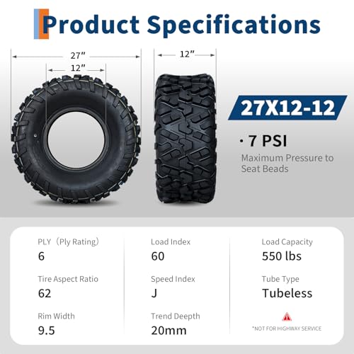 27x12x12 ATV UTV Tires, 27 12 12 All-Terrain Tires,A102, 27x12-12 UTV ATV Tire for Off-Road, Mud, Dirt, Sand, Street Trail, 6PR Tubeless,2 Pack - size: 27X12-12, style: Pattern D