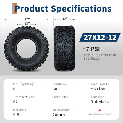 27x12x12 ATV UTV Tires, 27 12 12 All-Terrain Tires,A102, 27x12-12 UTV ATV Tire for Off-Road, Mud, Dirt, Sand, Street Trail, 6PR Tubeless,2 Pack - size: 27X12-12, style: Pattern D