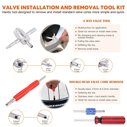 119Pc Valve Core Remover Tools with Aluminum Tire Stem Caps, Dual and 4-Way Valve Tool Kit for Automotive, Truck, Motorcycle, Bicycle