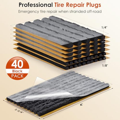 Tire Plugs, Vulcanizing Tire Patches Fix a Flat Tire, Standard Heavy Duty Tire Plug, Repair Tubeless Off-Road Tires for Car, RV, SUV, Truck, Motorcycle, Tractor, Mower, Wheelbarrow [Multi-Size: 40Pcs]
