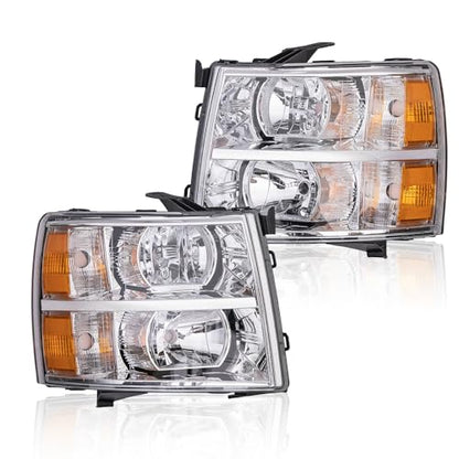 CNNELL Headlights Assembly Compatible with Chevy Silverado 1500 2007 2008 2009 2010 2011 2012 2013/2500 3500 2500HD 3500HD 2007 2008 2009-2014 Left+Right (Clear lens Chrome Housing Amber Reflector) - size: 2007-2013[Fit Chevy Silverado] Chrome