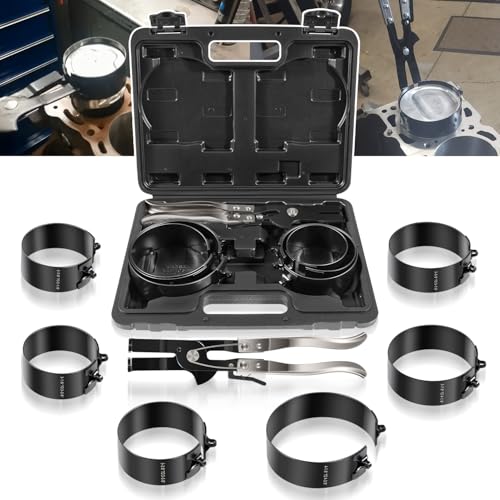 Piston Ring Compressor Tool Set 940387 with Compression Plier and 6 Piston Rings from 2-7/8" to 4-3/8", Used for Car Engine, Vehicle Maintenance Clamps, Ratchet Pliers, Storage Case
