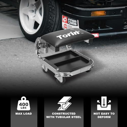 Torin 400lb Rolling Automotive Creeper Garage/Shop Seat: Padded Mechanic Stool with Tool Large Tray Suitable for garages, Repair Shops,Black - size: Large