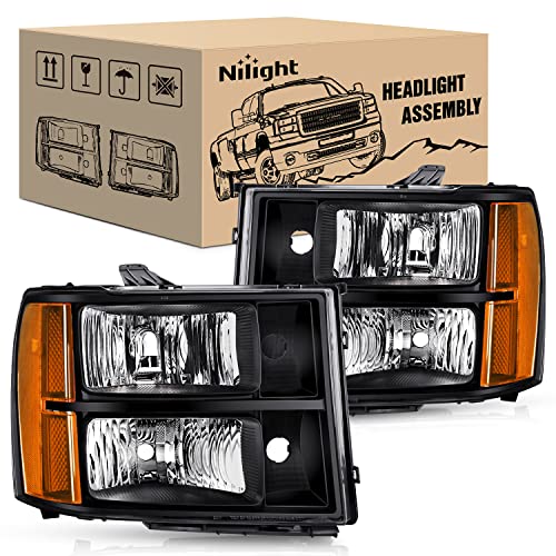 Nilight Headlight Assembly for 2007-2014 GMC Sierra 1500 2500 3500 HD - Black Housing, Amber Corner, Clear Lens - Replacement Headlights - color: Black Housing + Amber Reflector