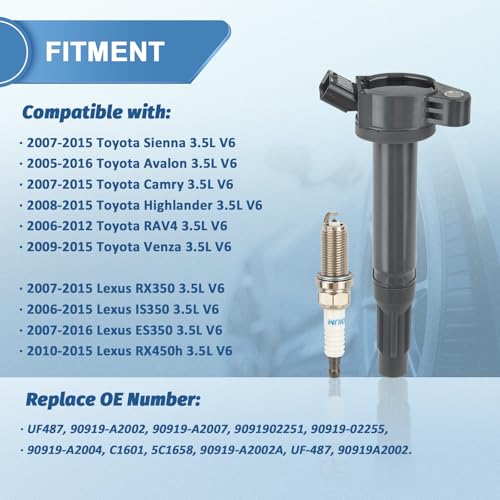 6pcs UF487 Ignition Coil Packs and Spark Plugs Compatible with Toyota Sienna Avalon Camry Highlander RAV4, Lexus RX350 IS350 ES350, V6 2.5L 3.0L 3.5L, Replaces 90919-02255