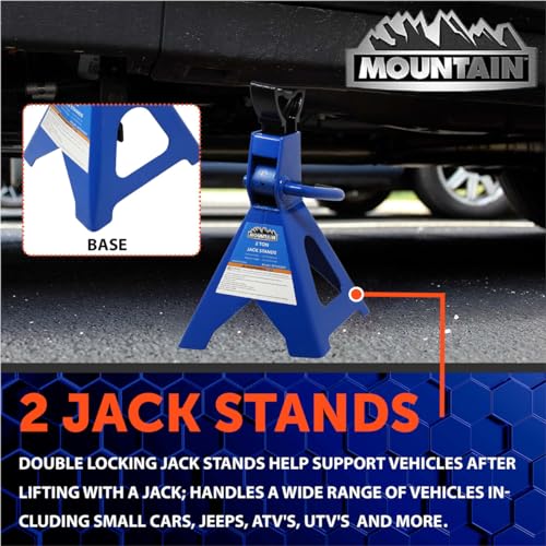 Mountain 52009 2 Ton Automotive Jack Stands for Garages, Repair Shops, and DIY, 4,000 lbs. Capacity, Lightweight, Heavy Duty Steel Frame, Adjustable Height 10.3"- 16.2", Wide Base, Black/Blue, Pair