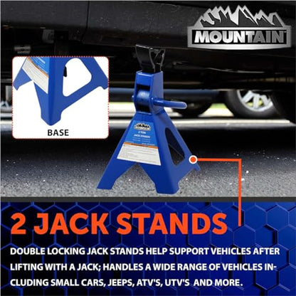 Mountain 52009 2 Ton Automotive Jack Stands for Garages, Repair Shops, and DIY, 4,000 lbs. Capacity, Lightweight, Heavy Duty Steel Frame, Adjustable Height 10.3"- 16.2", Wide Base, Black/Blue, Pair