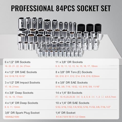 VEVOR 121-Piece Mechanics Tool Set - 1/4" 3/8" 1/2" Drive Sockets - SAE and Metric Mechanic Tool Kit with Bits - Ratchet Handle, Wrenches, Accessories, and Plastic Storage Case for Automotive Repair - size: 121-PCS