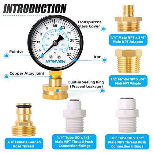 MEANLIN MEASURE 0~200Psi 3/4" Female Water Pressure Kit Plus 5 adapters, 2.5" FACE DIAL Multi-Purpose Pressure Gauge Kit, Hydraulic Tester,Suitable for Gardens, Water Pipes, etc - color: Black, size: 0-200Psi (With Fittings)