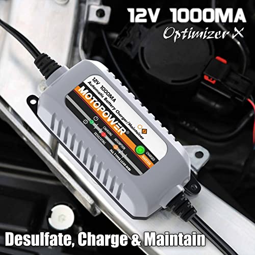 MOTOPOWER MP00205B 12V 1000mA Automatic Battery Charger, Battery Maintainer, Trickle Charger, and Battery Desulfator with Timer Protection - Grey - color: a) - Grey