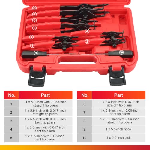 DASBET Snap Ring Plier Set 11PCS Straight & Bent Retaining Ring Pliers - color: Red
