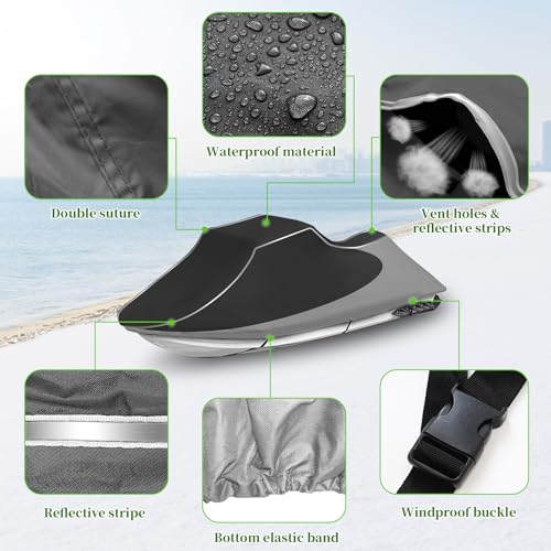 COVERVIN Jet Ski Cover, Jetski Covers 2 Seater Waterproof UV Resistant Jetski Cover with Air Vent & Windproof Buckles, All Weather Universal for Yamaha Seadoo Lengths 116" to 125" (Black&Gray) - color: Black&Gray, size: Lengths 116" to 125"