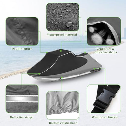 COVERVIN Jet Ski Cover, Jetski Covers 2-3 Seater Waterproof UV Resistant Jetski Cover with Air Vent & Windproof Buckles, All Weather Universal for Yamaha Seadoo Lengths 136" to 145" (Black&Gray) - color: Black&Gray, size: Lengths 136" to 145"