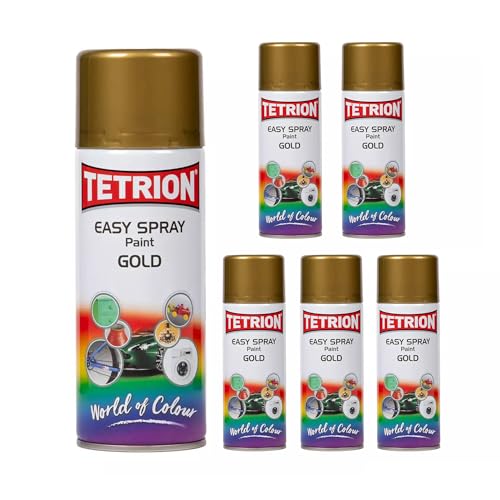 Tetrion Easy Spray Paint - Gold 13.5 oz (Pack of 6) – Multi-Use Fast-Drying Metallic Acrylic Spray Paint for Metal, Wood, Plastic & Ceramic – Indoor/Outdoor, 400ml - color: Gold, size: 2.26 Ounce (Pack of 6)