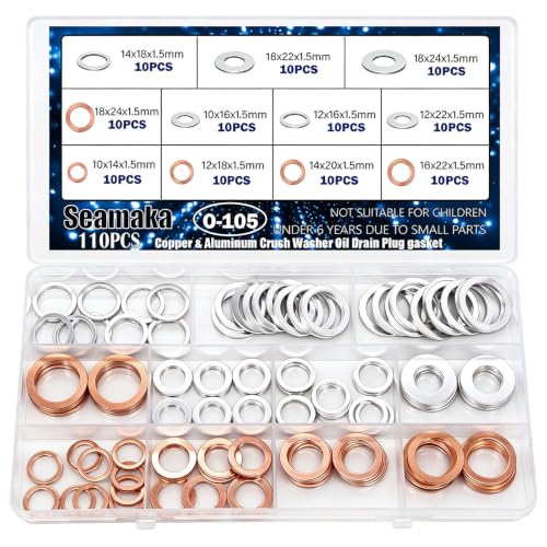 110pcs Oil Drain Plug Crush Washer Gasket Seal Assortment 50pcs Cooper and 60pcs Aluminum Oil Plug Washers-10mm 12mm 14mm 16mm 18mm O-105 - size: 110