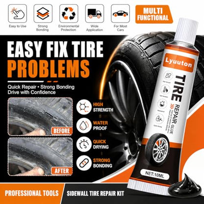 Tire Repair Kit with Tire Glue & Rubber Cement - Heavy Duty Tire Repair Glue for Car, Truck, Motorcycle - Fix a Flat Tire Sealant & Puncture Plug Kit - Durable Tire adhesive Sidewall Repair 2pcs