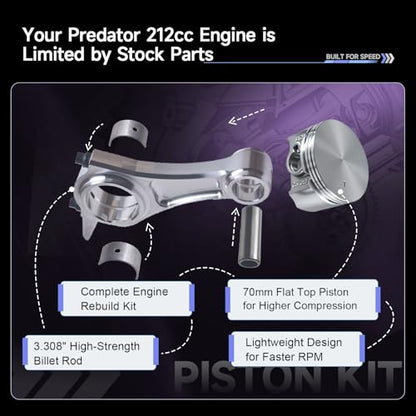 Billet Rod（3.308）Kit for Predator 212cc Hemi and Non-Hemi versions Engine - size: With 70mm Flat Top Piston Kit