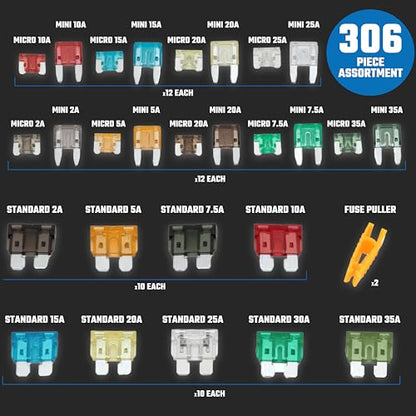 NEIKO 50505A Car Fuse Master Assortment Set, 306pc, Fast Acting, Auto Fuses Kit, Standard, Micro & Mini Sizes, 2A, 5A, 10A, 15A, 20A, 30A, and 35 Amp, Marine Boat, Automotive, RV, Car Fuse Kit - style: Standard, Mini, Micro Car Fuse Set (2A-35A)
