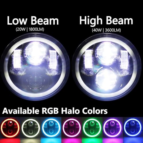 ROCCS 5.75" LED Motorcycle Headlight, Waterproof H4 Plug & Play Headlamp, 5-3/4 Round Headlight with Multi-Color Halo Ring Compatible with Harley Dyna Sportster 883 72 48