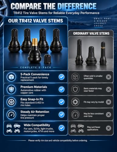 5 Pcs TR412 Black Short Tubeless Rubber Snap-in Tire Valve Stems