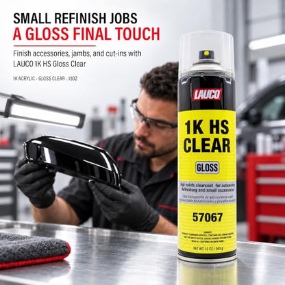 LAUCO 1K HS Gloss Clear 13 oz. Automotive Aerosol Spray Paint Can - Acrylic Clear Coat Perfect for Protecting Refinish Color on Small Accessories (1) 57067