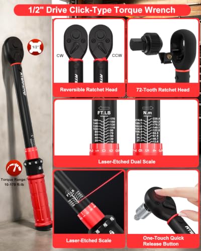 1/2" Drive Click Torque Wrench Set-10-170 Ft-lb, +/-3% Accuracy, 22-Piece