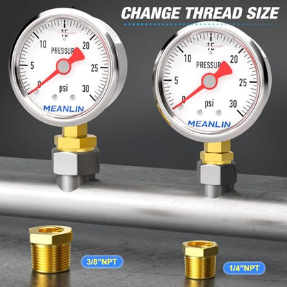 MEANLIN MEASURE 2pcs 0~30Psi Stainless Steel Liquid Filled, 1/8" NPT 1.5" Glycerin Filled Pressure Gauge, Water Oil Air, Lower Mount, with 1/4" NPT and 3/8" NPT Hex Bushing - size: 0-30Psi