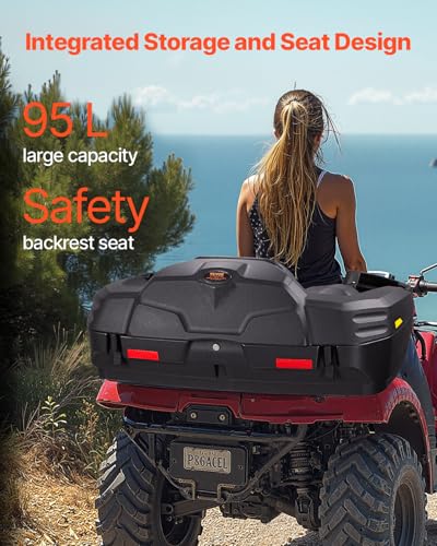 VEVOR ATV Rear Storage Box and Lounger, 95L ATV Cargo Box with Seat & Backrest, Waterproof LLDPE & Lockable Lounger Storage Box Fit Most ATVs with Rear Rack, Compatible with ATV, UTV, Can-Am Vehicles
