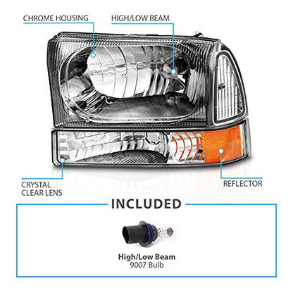 AmeriLite OE Chrome Replacement Headlights 4pcs Set w/Socket Bulb for 1999-04 Ford Excursion/Super Duty F250 F350 F450 F550 Truck - Passenger and Driver Side - color: Chrome