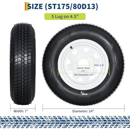 Heavy Duty Trailer Tire and Wheel Set - ST175/80D13, 6PR Load Range C, 5 Lug 13" White Modular Wheels - For Utility, Boat, Camper Trailers - PCD 114.3x5, Center Bore 81, ET=0, Specs: - size: ST175/80D13
