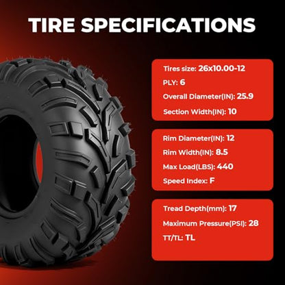 ATV UTV Tires 26x10-12,6-Ply Tubeless Tires,Directional,Set of 2 - size: 26x10-12