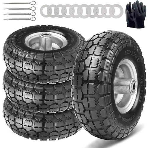 10" Solid Tires, 4.10/3.50-4 Tire and Wheel Flat Free, Gorilla Cart Tires Replacement, 4-Pack Solid Rubber Wheels with 5/8" Axle for Hand Trucks, Wheelbarrows, Dollies, Wagons & Garde (10 Inch 4-Pcs)