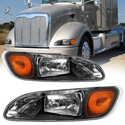 Headlights Fit 2005-2016 Peterbilt 387/386/384/325/330/335/337/340/348/382 - color: Black