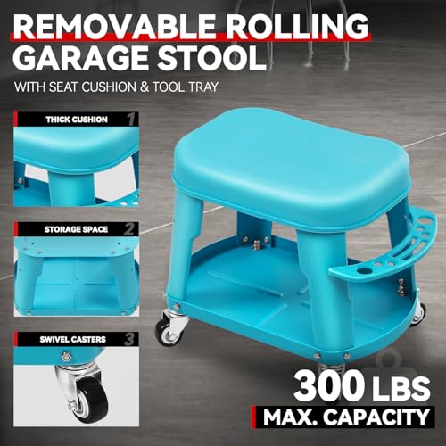 Auto Dynasty Mechanic Roller Stool, 300 LBS Capacity Rolling Creeper Garage Shop Seat with Tool Tray, Heavy Duty Mechanic Roll Repair Chair for Workshop Household Home Warehouse Office, Blue - color: Blue