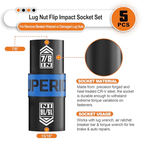 1/2" Drive Lug Nut Impact Socket Set, 5 Pcs Impact Sockets, Flip Socket Set, Thin Wall Nut Sockets with 3" Extension Bar, Remove Bloated Warped, Damaged Lug Nuts - size: 5PCS Metric&SAE