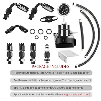 EFI Fuel Pressure Regulator Kit 0-100psi with Gauge 6AN Fuel Line Fitting Universal Adjustable Aluminum (Black) - color: black