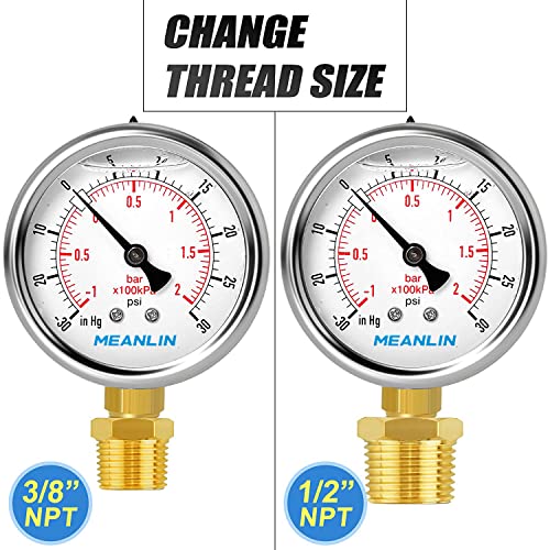 MEANLIN MEASURE -30inHG~30Psi Stainless Steel 1/4" NPT 2.5" FACE DIAL Vacuum Pressure Gauge, Lower Mount (Pack of 2), with 1/2" NPT and 3/8" NPT Hex Bushing - size: -30inHG-30Psi (2Pcs)