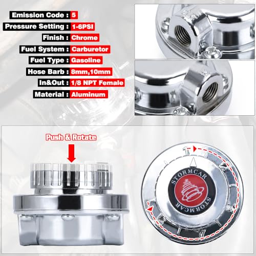 Manual Adjustable Fuel Pressure Regulator Kit, Chrome Silver with Gold Fittings, Includes Hose Clamps and Heat Shrink Sleeves for Carburettor Systems