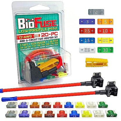 12 AWG Low Profile Mini ATT 20 Piece Automotive Car Fuse Assortment and Holders Set (2 Add-a-Circuit Tap Adapters, 18 LP-Mini Blade Fuses + Fuse Puller) 2A 3A 5A 7.5A 10A 15A 20A 25A 30A