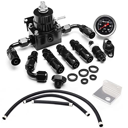 EFI Fuel Pressure Regulator Kit with Bypass Return 0-100psi Pressure Gauge AN6-6AN Fuel Line Hose Fitting Connectors Kit Adjustable Universal Aluminum (black) - color: black