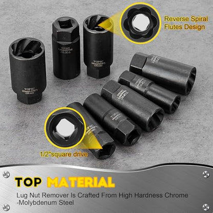 TOPEC 10PCS Deep Lug Nut Remover Heavy Duty, 1/2" Drive Impact Wheel Lock Removal Kit, Spiral Type Lug Nut Removal Tool for Removing Stripped, Broken, Damaged, Rounded Bolts, Nuts & Screws