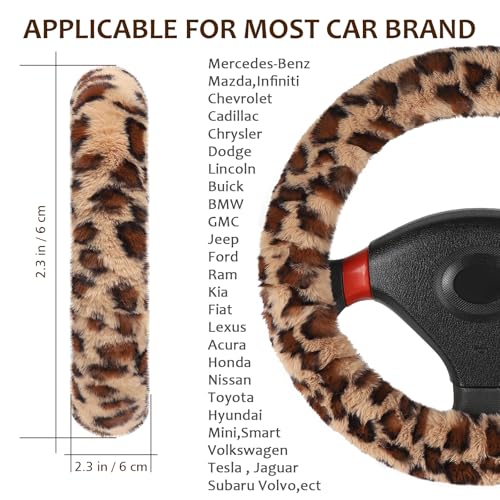 Accmor Fuzzy Car Steering Wheel Cover, Universal Fit Fur Auto Wheel Cover & Handbrake Cover & Gear Shift Cover Set, Leopard Warm Fluffy Vehicle Wheel Protector Car Accessories for Men Women (Brown) - color: Brown/Dark Brown Leopard